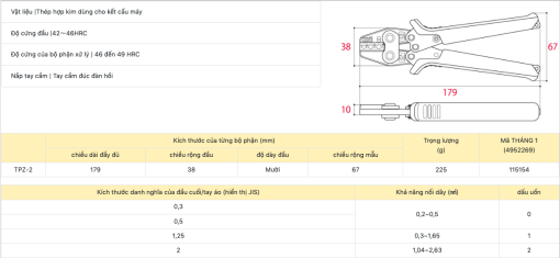 Kìm bấm cos bọc nhựa TPZ-2 Tsunoda Nhật Bản